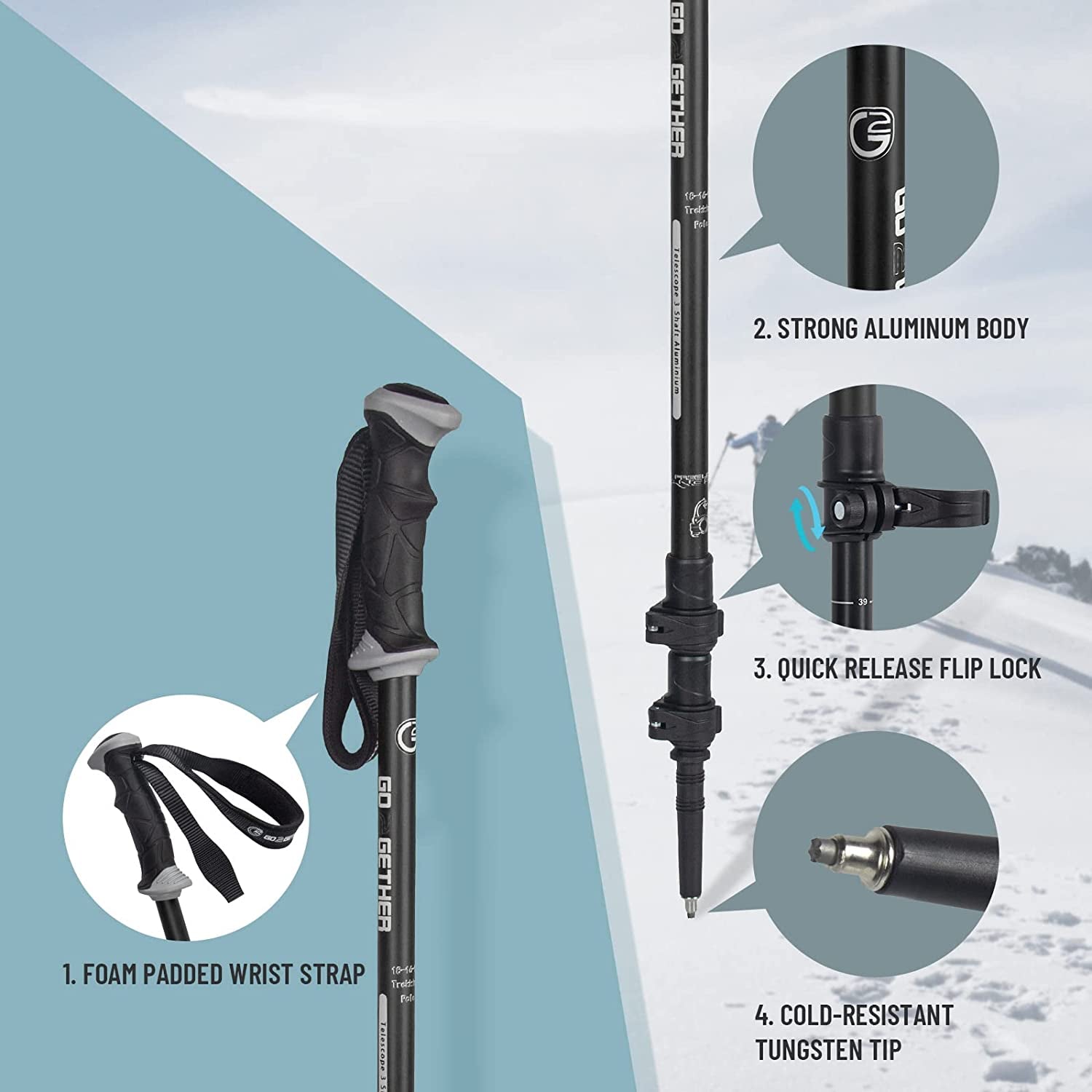 Aluminum Trekking Poles - Quick Adjustable Locks, Comfort Handle, Padded Strap, Snow Baskets - Walking Sticks Suitable for Hiking, Walking
