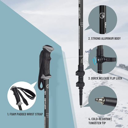 Aluminum Trekking Poles - Quick Adjustable Locks, Comfort Handle, Padded Strap, Snow Baskets - Walking Sticks Suitable for Hiking, Walking