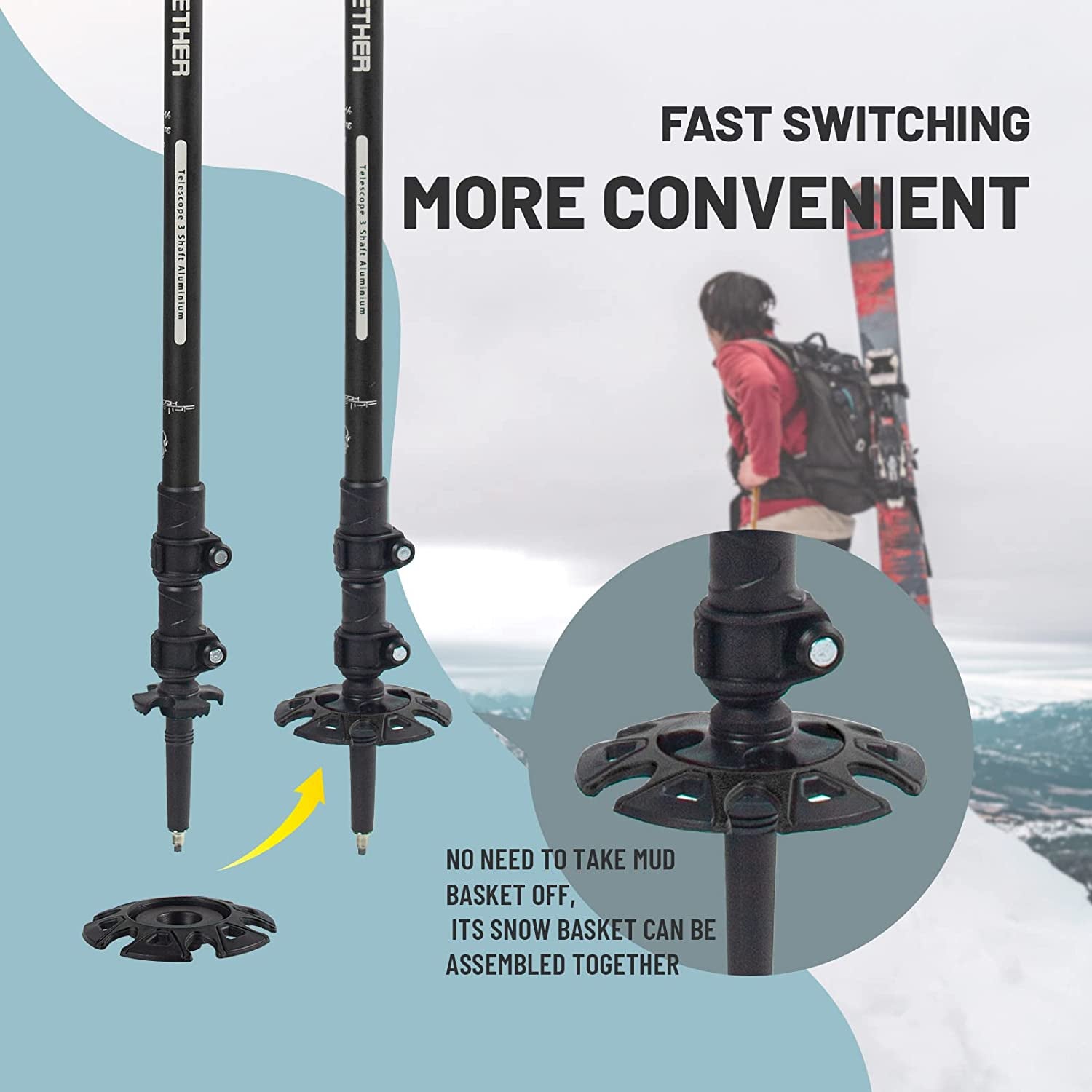 Aluminum Trekking Poles - Quick Adjustable Locks, Comfort Handle, Padded Strap, Snow Baskets - Walking Sticks Suitable for Hiking, Walking