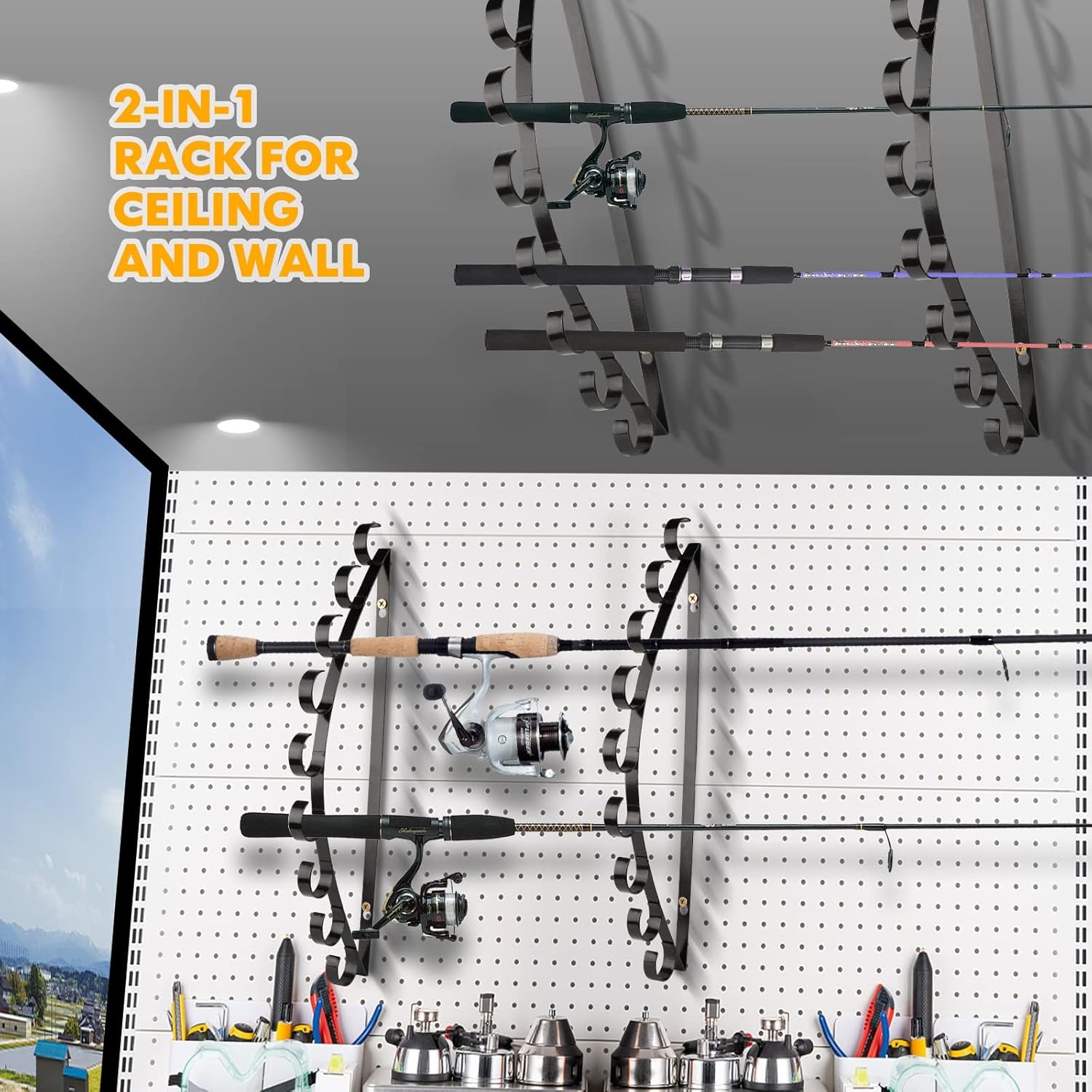 Fishing Rod Holder/Fishing Rod Rack/Fishing Pole Holder Wall/Ceiling Mount, Hold up to 8 Fishing Rods, Fishing Poles Storage & Display (Curved - 9 Fishing Rod)