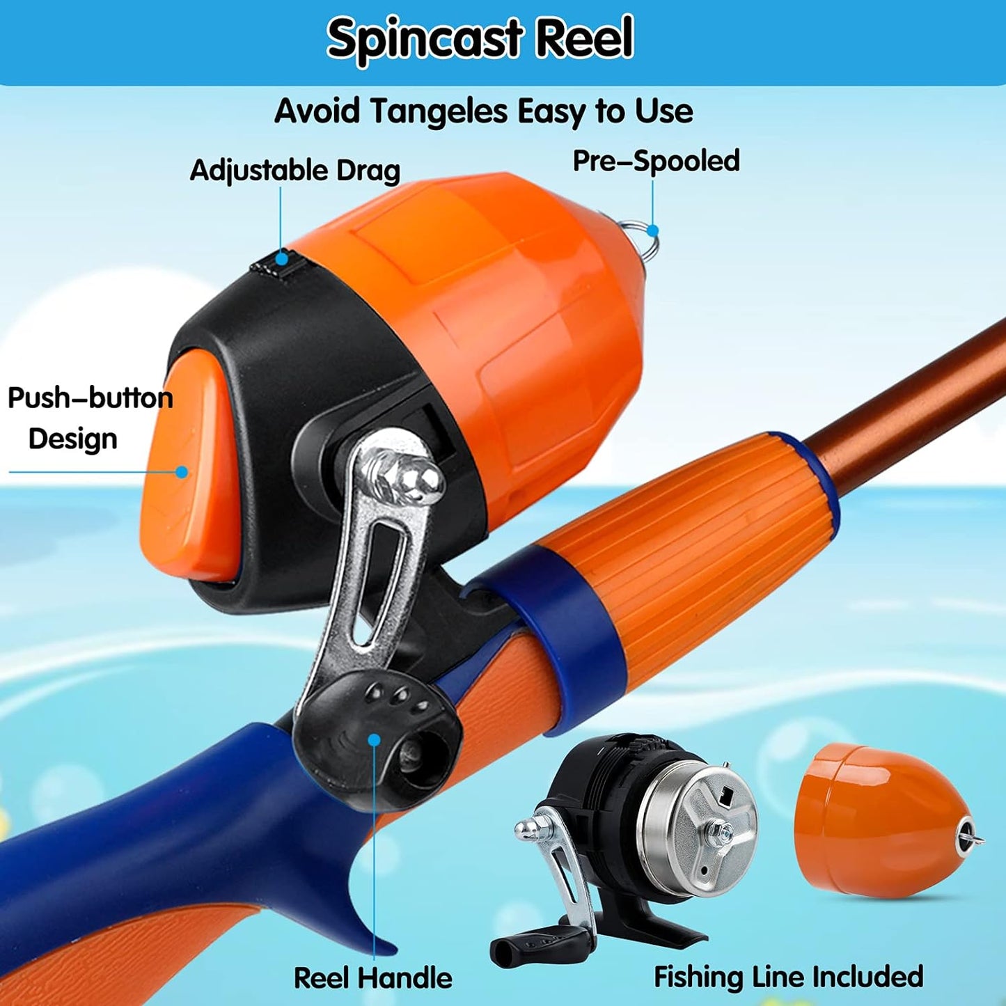 Kids Fishing Pole,Portable Telescopic Fishing Rod and Reel Full Kits, Spincast Youth Fishing Pole Fishing Gear for Kids, Boys