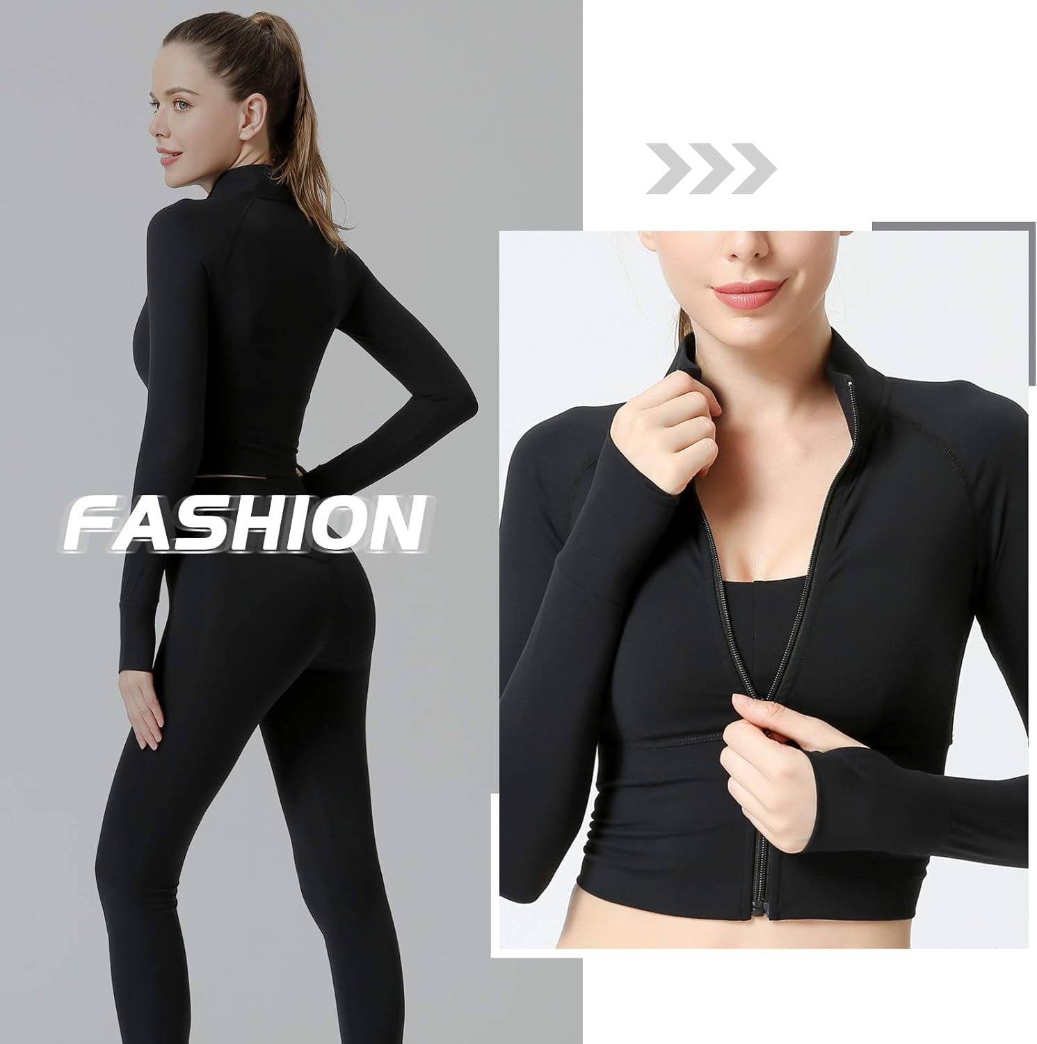 Women’ Athletic Jacket Full Zip up Tight Cropped Black Bodysuit Workout Crop Top Teen Girl Seamless Ribbed Lightweight Outerwear Tracksuit