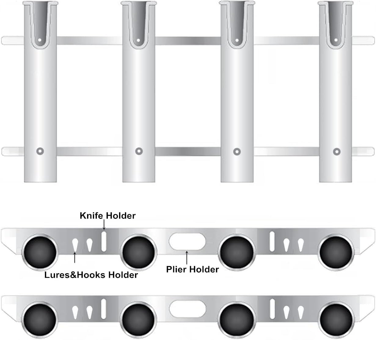 Wall Mounted Fishing Rod Holders Tubes Links Fishing Rod Holder Rack Rests (4-Pole-Black)